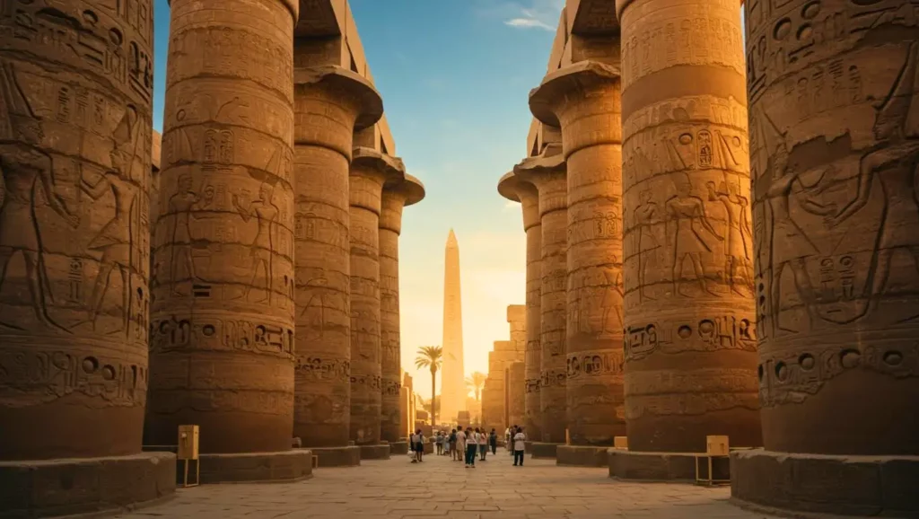 Vue du temple de Karnak en Égypte au coucher du soleil, avec ses immenses colonnes gravées et son obélisque dressé à l’horizon.