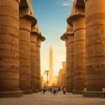 Vue du temple de Karnak en Égypte au coucher du soleil, avec ses immenses colonnes gravées et son obélisque dressé à l’horizon.