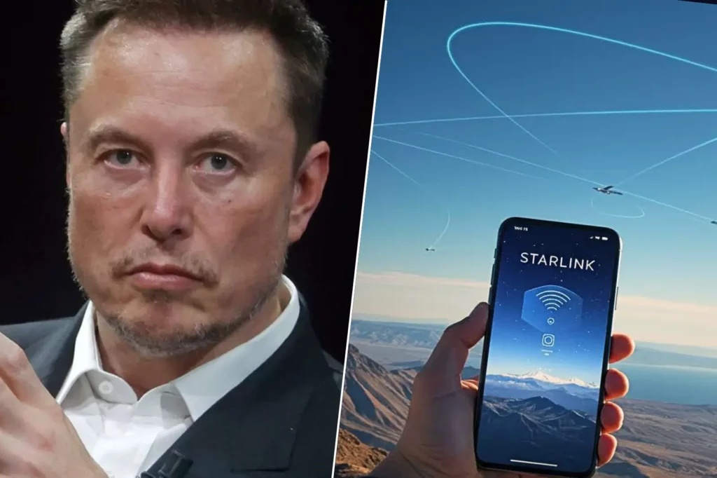 Photo d’Elon Musk à côté d’un smartphone affichant le logo Starlink, sur fond de ciel traversé par des satellites.