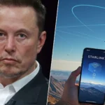 Photo d’Elon Musk à côté d’un smartphone affichant le logo Starlink, sur fond de ciel traversé par des satellites.