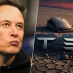 Montage avec Elon Musk en premier plan et le logo Tesla fissuré sur un sol aride, symbolisant la crise et les doutes autour de l’entreprise.