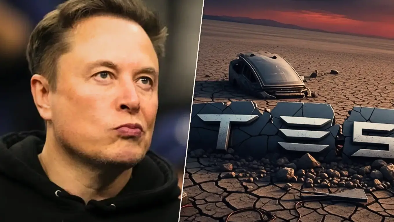 Montage avec Elon Musk en premier plan et le logo Tesla fissuré sur un sol aride, symbolisant la crise et les doutes autour de l’entreprise.