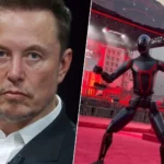 Robot humanoïde Optimus de Tesla sur une scène rouge, présenté lors d’un événement technologique, à côté d’un portrait d’Elon Musk.
