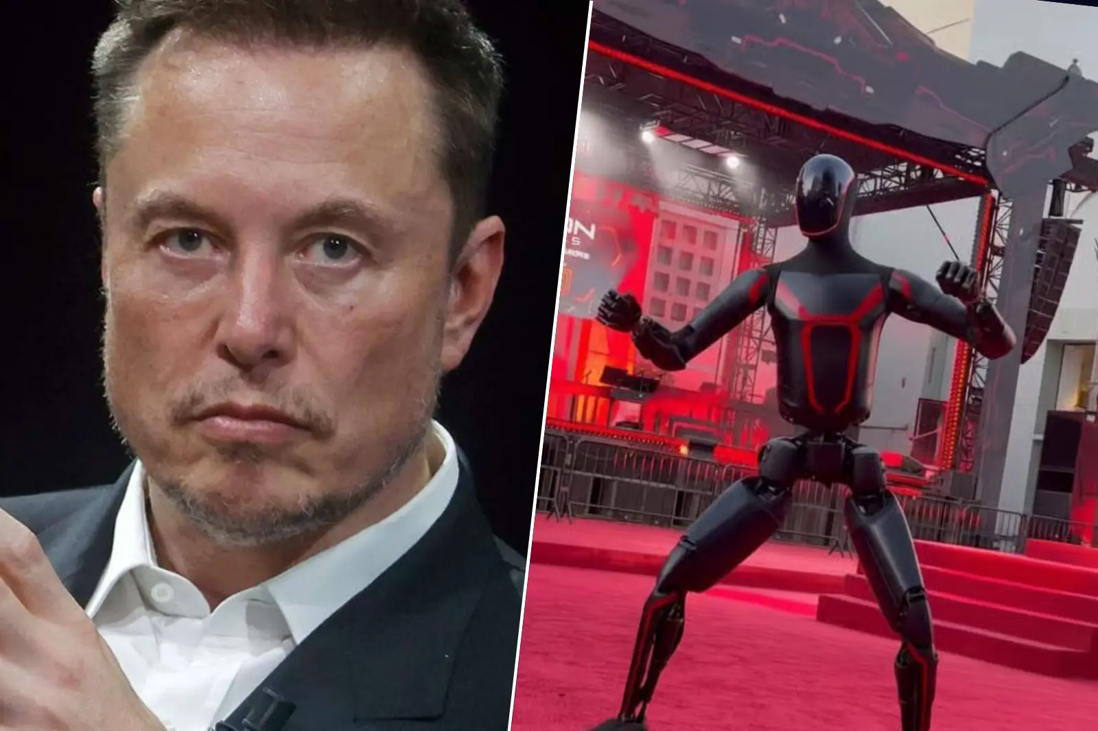 Robot humanoïde Optimus de Tesla sur une scène rouge, présenté lors d’un événement technologique, à côté d’un portrait d’Elon Musk.