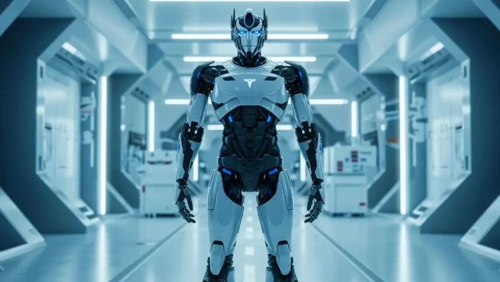 Robot humanoïde futuriste debout dans un laboratoire ultra-moderne, éclairé par des néons bleus, symbole des ambitions technologiques de Tesla.