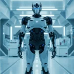 Robot humanoïde futuriste debout dans un laboratoire ultra-moderne, éclairé par des néons bleus, symbole des ambitions technologiques de Tesla.