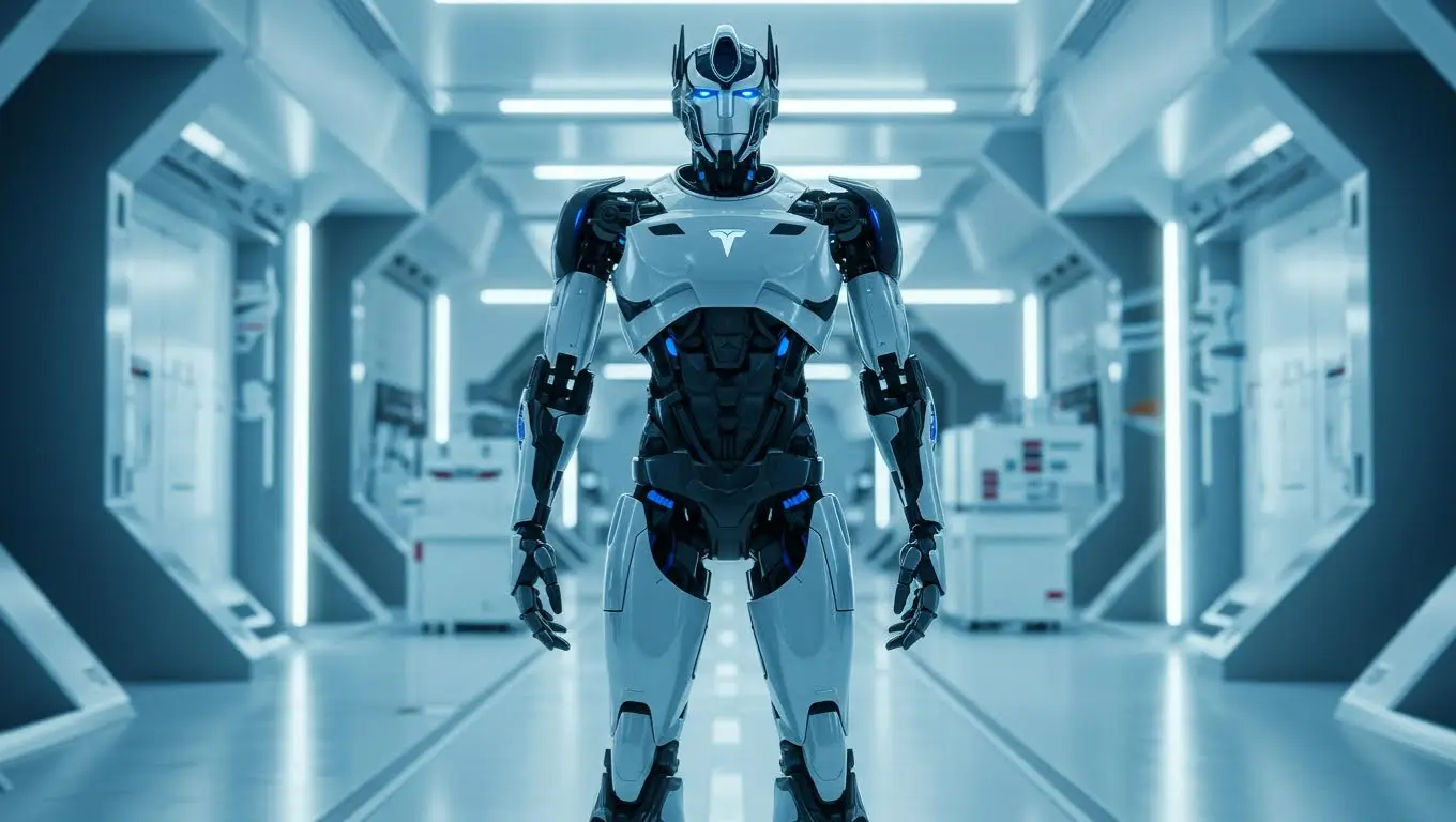 Robot humanoïde futuriste debout dans un laboratoire ultra-moderne, éclairé par des néons bleus, symbole des ambitions technologiques de Tesla.