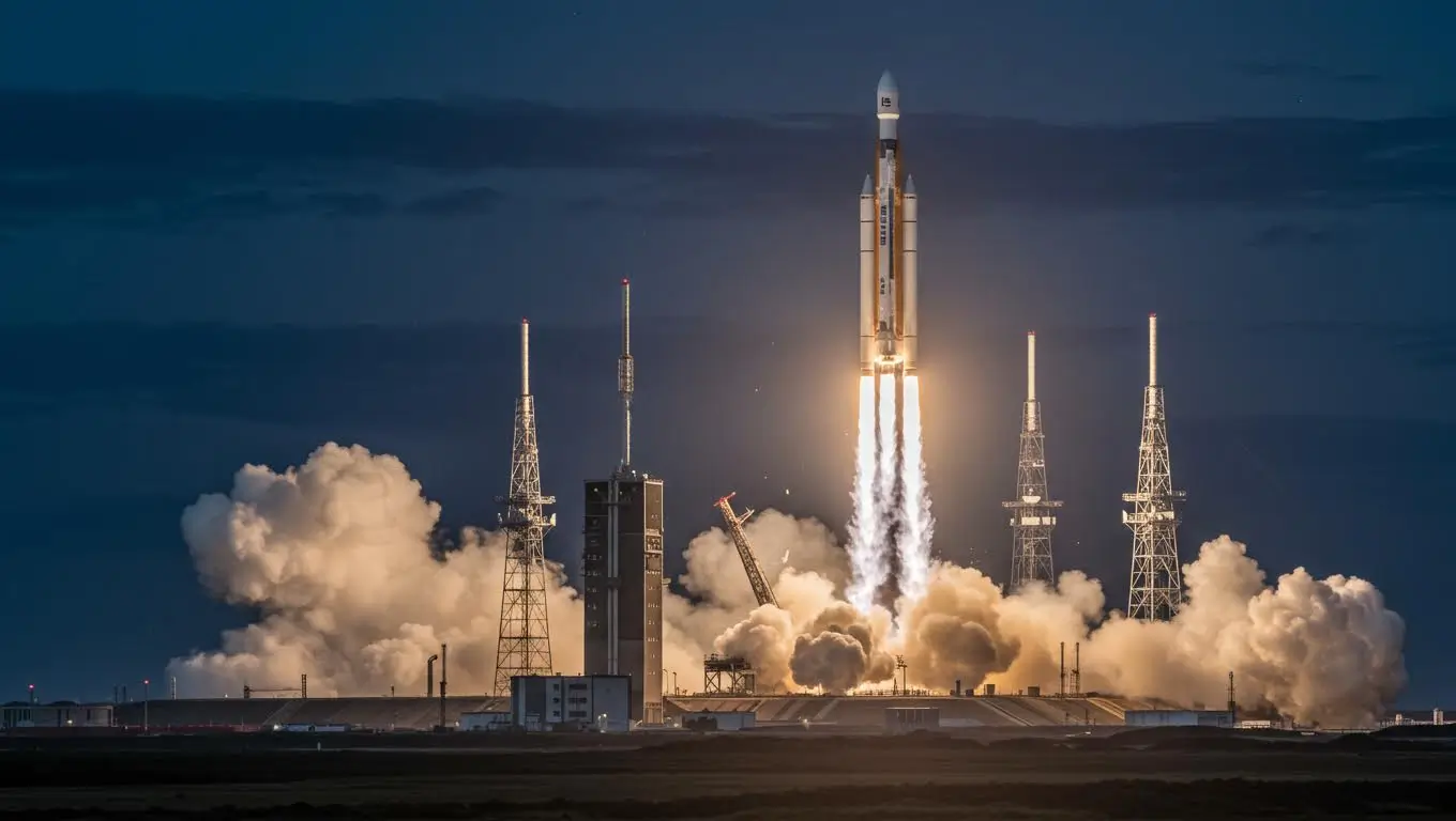 Fusée décollant dans la nuit depuis un pas de tir, illustrant la montée en puissance des entreprises spatiales européennes.