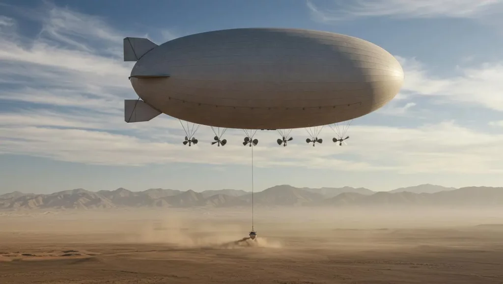 Ballon gonflable chinois étrange flottant au-dessus d’un désert, soulevant des nuages de poussière.