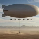 Ballon gonflable chinois étrange flottant au-dessus d’un désert, soulevant des nuages de poussière.