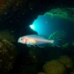 Créature translucide aux nageoires bleutées observée dans une grotte sous-marine éclairée par la lumière naturelle, découverte par des chercheurs en exploration océanique.