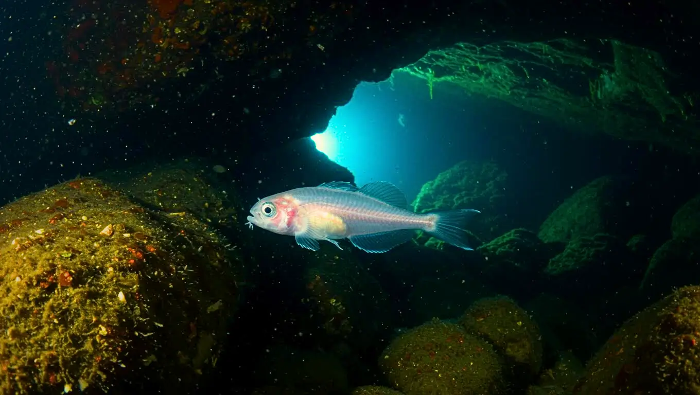 Créature translucide aux nageoires bleutées observée dans une grotte sous-marine éclairée par la lumière naturelle, découverte par des chercheurs en exploration océanique.