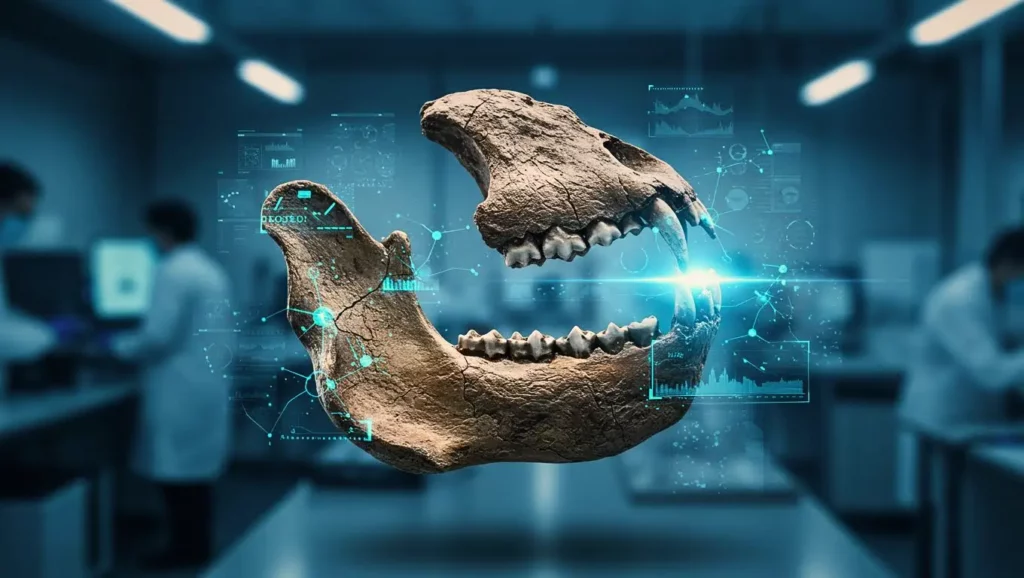 Image illustrant une mâchoire fossile d’Homo habilis analysée par des chercheurs à l’aide de l’intelligence artificielle pour déterminer les traces de morsures laissées par un prédateur.