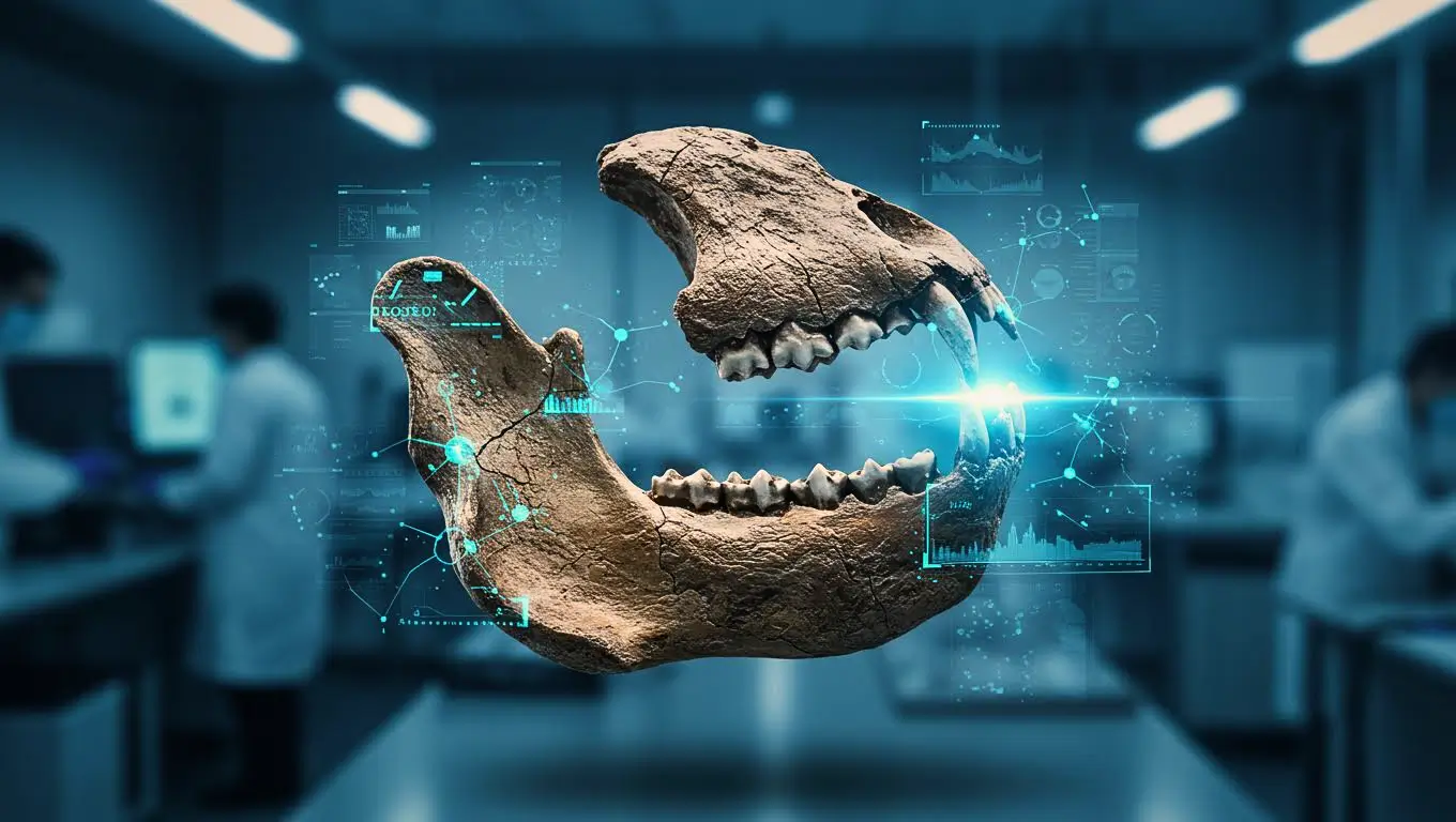 Image illustrant une mâchoire fossile d’Homo habilis analysée par des chercheurs à l’aide de l’intelligence artificielle pour déterminer les traces de morsures laissées par un prédateur.