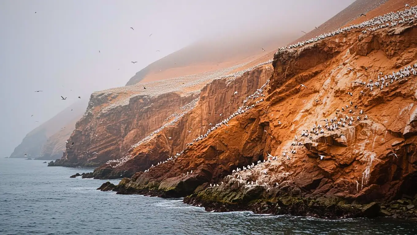 Falaises rouges du littoral péruvien couvertes d’oiseaux marins, sous une brume côtière, surplombant l’océan Pacifique.