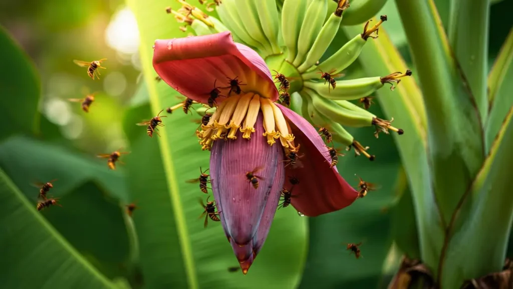 Fleur de bananier pourpre entourée de frelons asiatiques récoltant le nectar sous la lumière du soleil, dans un jardin tropical.