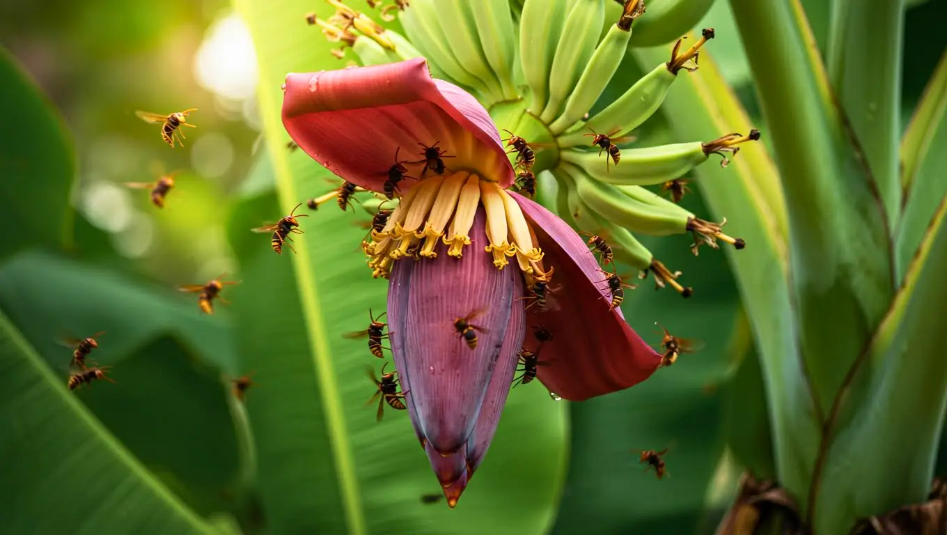 Fleur de bananier pourpre entourée de frelons asiatiques récoltant le nectar sous la lumière du soleil, dans un jardin tropical.