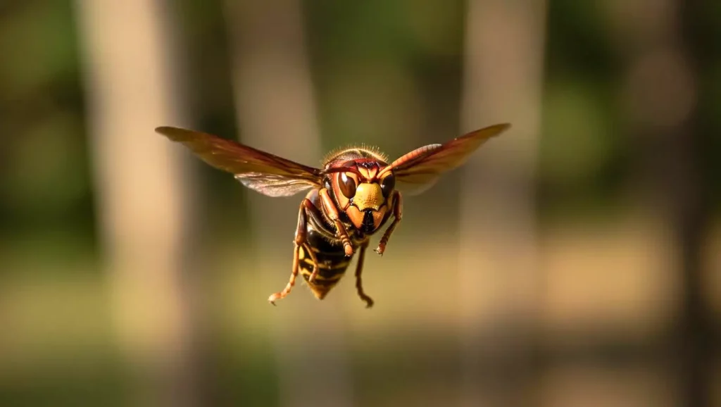 Gros plan sur un frelon asiatique en plein vol, ailes déployées, dans un environnement naturel flou en arrière-plan.