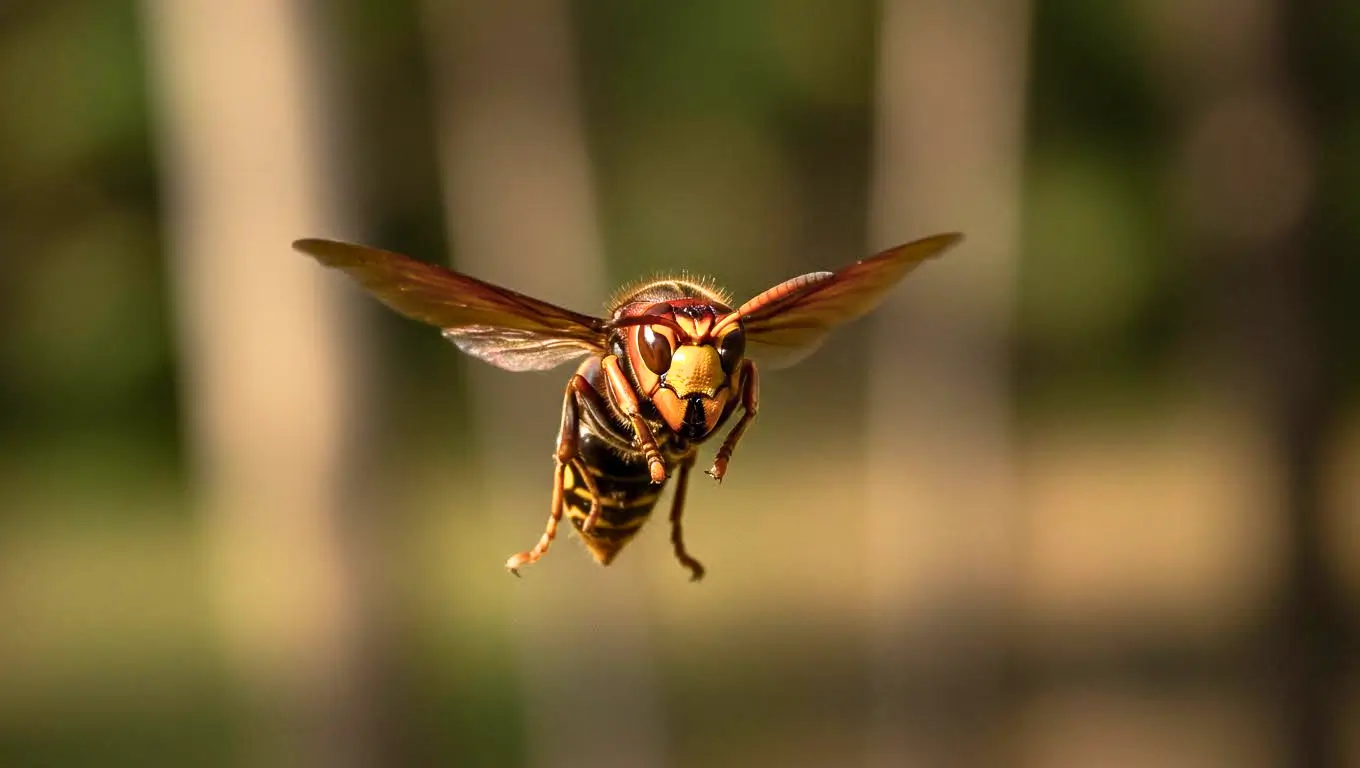 Gros plan sur un frelon asiatique en plein vol, ailes déployées, dans un environnement naturel flou en arrière-plan.