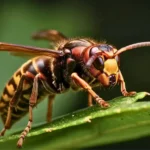 Gros plan sur un frelon asiatique posé sur une feuille verte, montrant sa tête orangée et ses pattes jaunes caractéristiques.