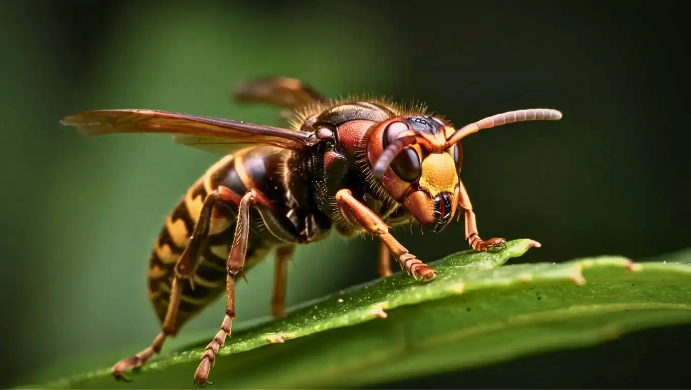 Gros plan sur un frelon asiatique posé sur une feuille verte, montrant sa tête orangée et ses pattes jaunes caractéristiques.