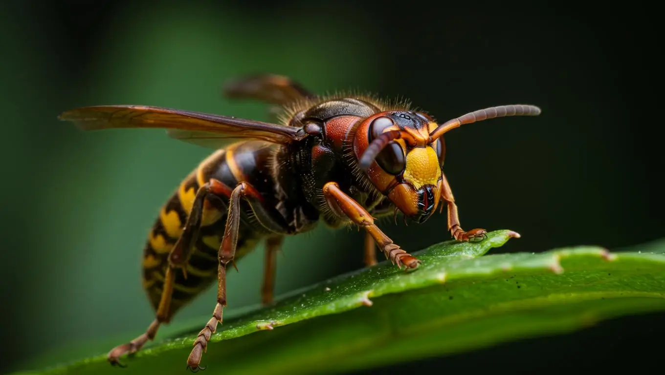 Gros plan d’un frelon asiatique à pattes jaunes posé sur une feuille verte.