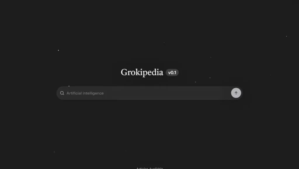 Interface sombre du moteur de recherche Grokipedia, affichant une barre de recherche sur fond noir avec le texte “Artificial intelligence”.