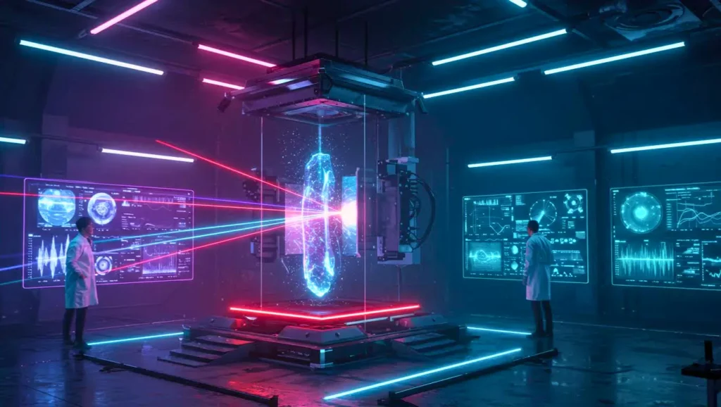 Laboratoire futuriste avec des chercheurs observant un faisceau lumineux manipulé par une intelligence artificielle.