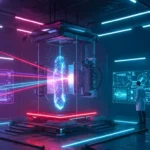 Laboratoire futuriste avec des chercheurs observant un faisceau lumineux manipulé par une intelligence artificielle.