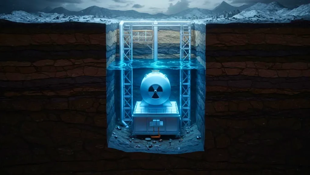 Illustration d’un réacteur nucléaire enfoui à 1 600 mètres sous terre, entouré de structures métalliques et baignant dans une lumière bleutée.