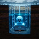Illustration d’un réacteur nucléaire enfoui à 1 600 mètres sous terre, entouré de structures métalliques et baignant dans une lumière bleutée.