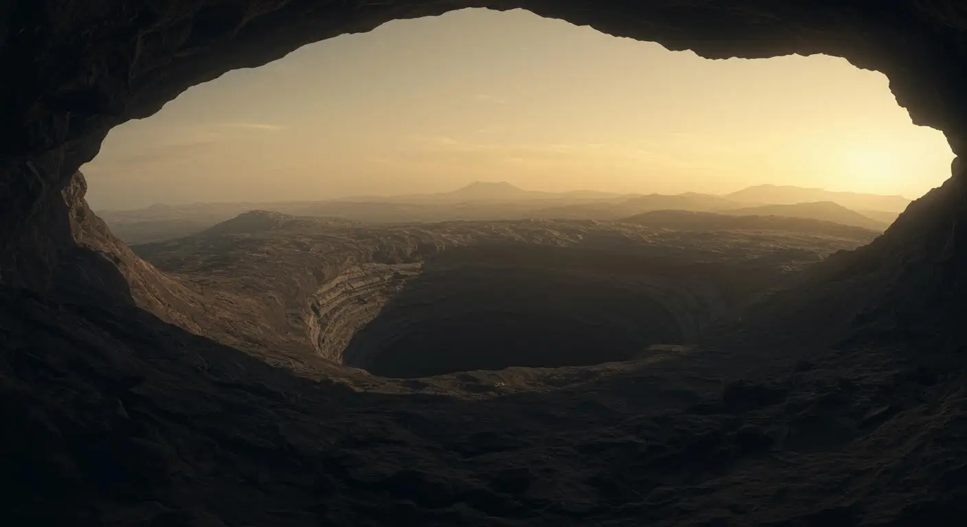 Vue depuis une grotte ou un tunnel volcanique sur Vénus, montrant un paysage rocheux et un cratère géant sous une lumière orangée rappelant l’atmosphère de la planète.
