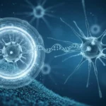 Illustration scientifique de neurones et d’ADN en interaction symbolisant une thérapie génique contre la maladie de Huntington.