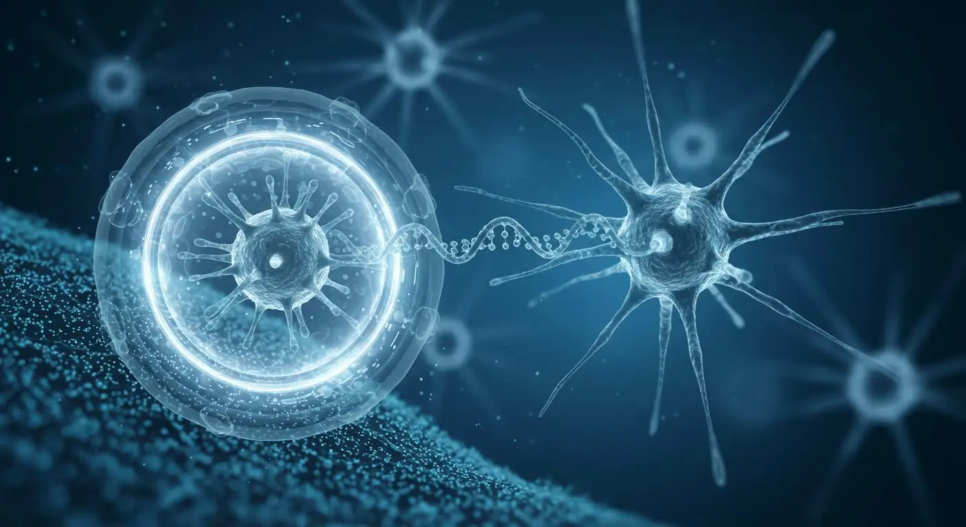 Illustration scientifique de neurones et d’ADN en interaction symbolisant une thérapie génique contre la maladie de Huntington.