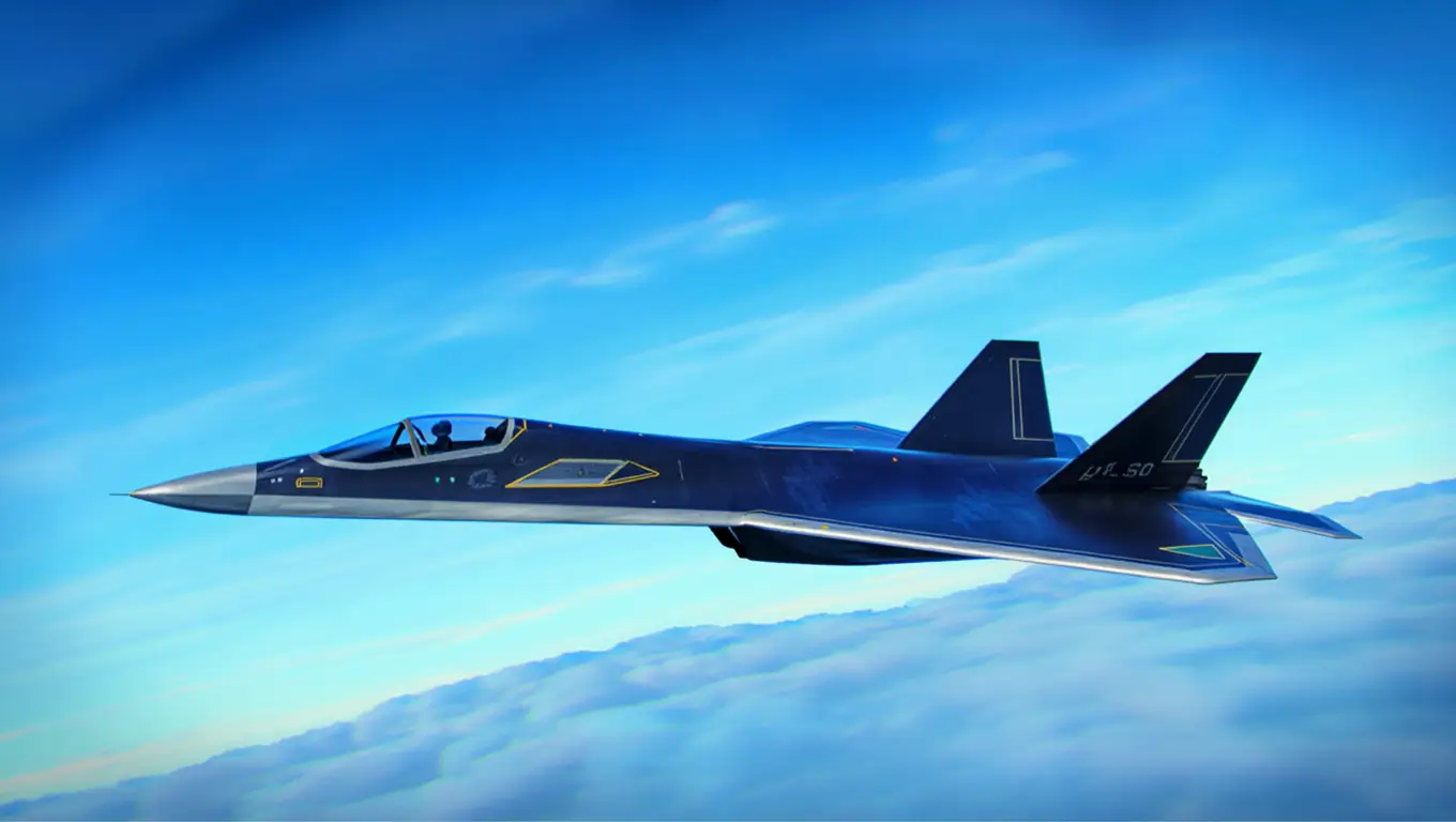 Le chasseur furtif chinois J-50 survolant les nuages à haute altitude, prototype d’avion de 6e génération.