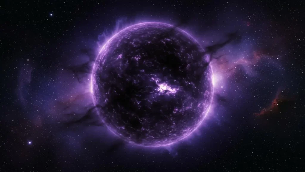 Représentation artistique d’une étoile noire brillante dans l’espace, entourée d’un halo violet et de nuages de gaz cosmiques observés par le télescope James Webb.