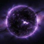 Représentation artistique d’une étoile noire brillante dans l’espace, entourée d’un halo violet et de nuages de gaz cosmiques observés par le télescope James Webb.