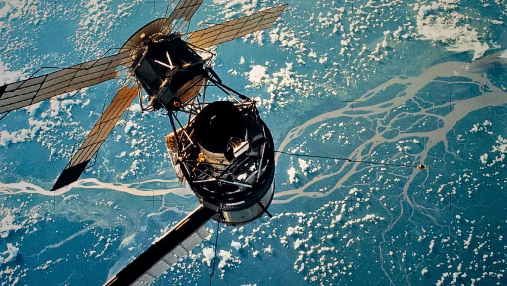 Vue d’un satellite scientifique au-dessus de la planète Jupiter, illustrant la mission Juno de la Nasa.