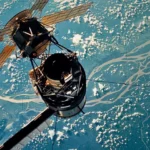 Vue d’un satellite scientifique au-dessus de la planète Jupiter, illustrant la mission Juno de la Nasa.