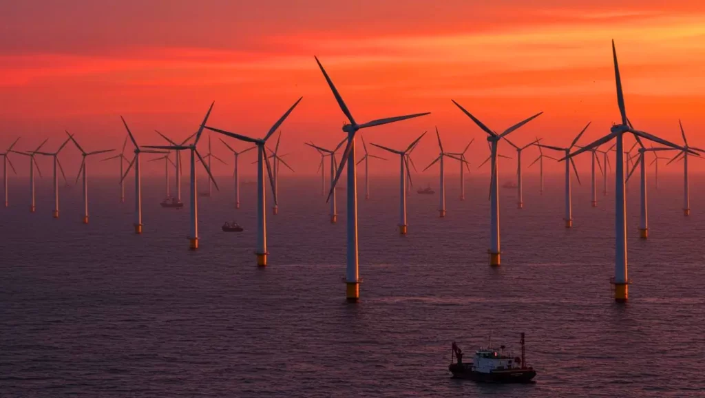 Champ d’éoliennes offshore au coucher du soleil, symbolisant la montée en puissance de l’énergie renouvelable en Chine.
