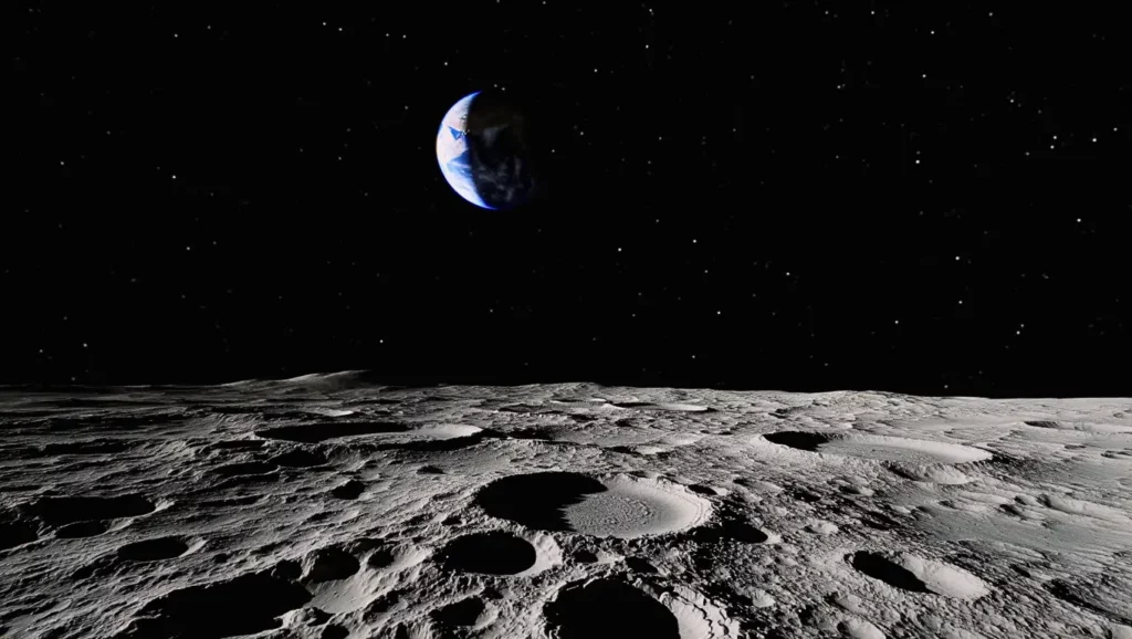 Vue de la surface lunaire avec la Terre à l’horizon, illustrant la découverte d’échantillons inédits sur la face cachée de la Lune.