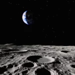 Vue de la surface lunaire avec la Terre à l’horizon, illustrant la découverte d’échantillons inédits sur la face cachée de la Lune.