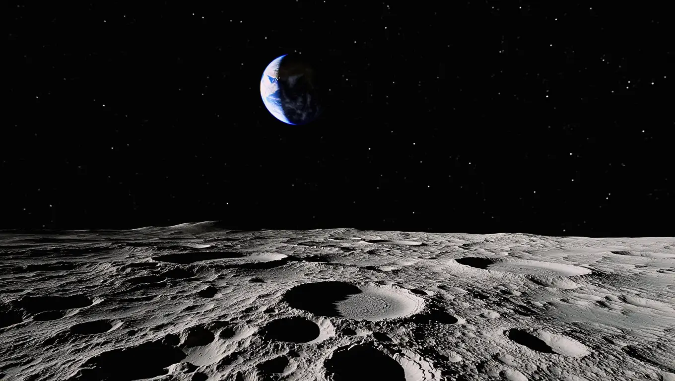 Vue de la surface lunaire avec la Terre à l’horizon, illustrant la découverte d’échantillons inédits sur la face cachée de la Lune.