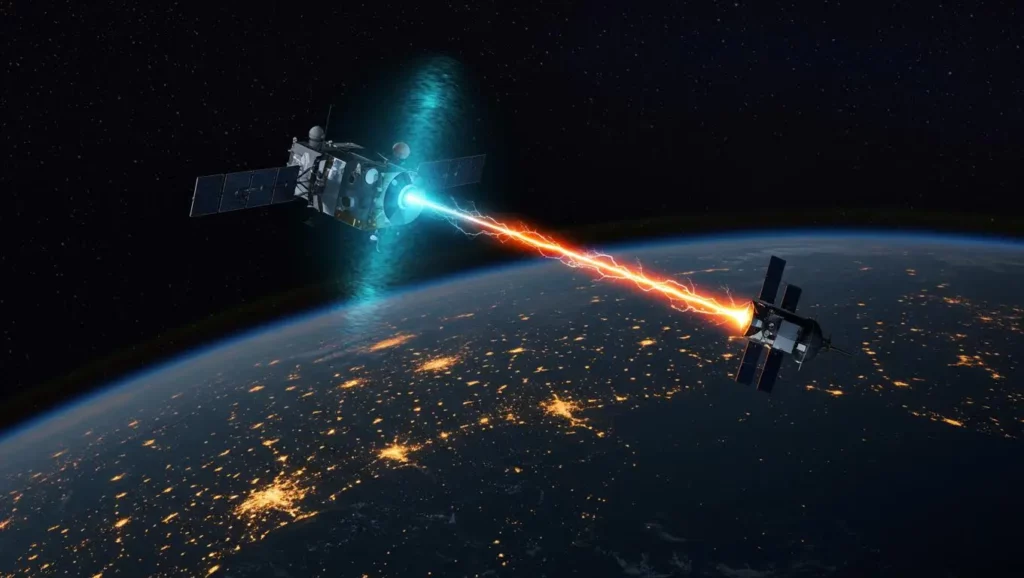 Deux satellites en orbite autour de la Terre échangent un faisceau d’énergie destructeur, illustrant un affrontement spatial entre puissances technologiques.