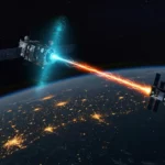 Deux satellites en orbite autour de la Terre échangent un faisceau d’énergie destructeur, illustrant un affrontement spatial entre puissances technologiques.
