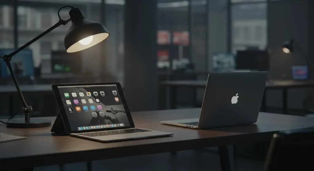 Bureau avec deux ordinateurs Apple MacBook et iPad allumés sous une lumière tamisée, illustrant le lancement des nouveaux modèles M5.