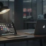 Bureau avec deux ordinateurs Apple MacBook et iPad allumés sous une lumière tamisée, illustrant le lancement des nouveaux modèles M5.