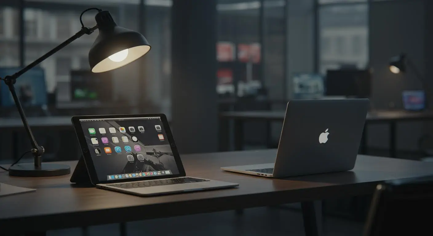 Bureau avec deux ordinateurs Apple MacBook et iPad allumés sous une lumière tamisée, illustrant le lancement des nouveaux modèles M5.