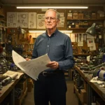 Un ingénieur expérimenté dans un atelier de prototypes Dyson, entouré de plans et de pièces mécaniques, symbole de l’innovation humaine.