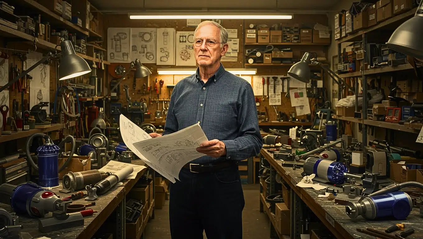Un ingénieur expérimenté dans un atelier de prototypes Dyson, entouré de plans et de pièces mécaniques, symbole de l’innovation humaine.
